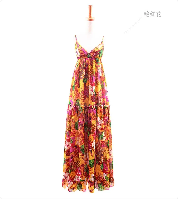 Богемное шифоновое платье для девушек с цветочным принтом с глубоким v-образным вырезом, сексуальное летнее макси платье с открытой спиной на бретельках, CH-91