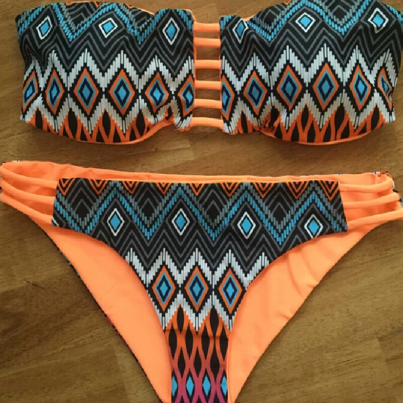 

2016 Women Wave Bandeau Bikini Reversible Print Swimsuit Strappy Swimwear Biquini Trikini Sexy Beach Wear  Bathing Suit Set