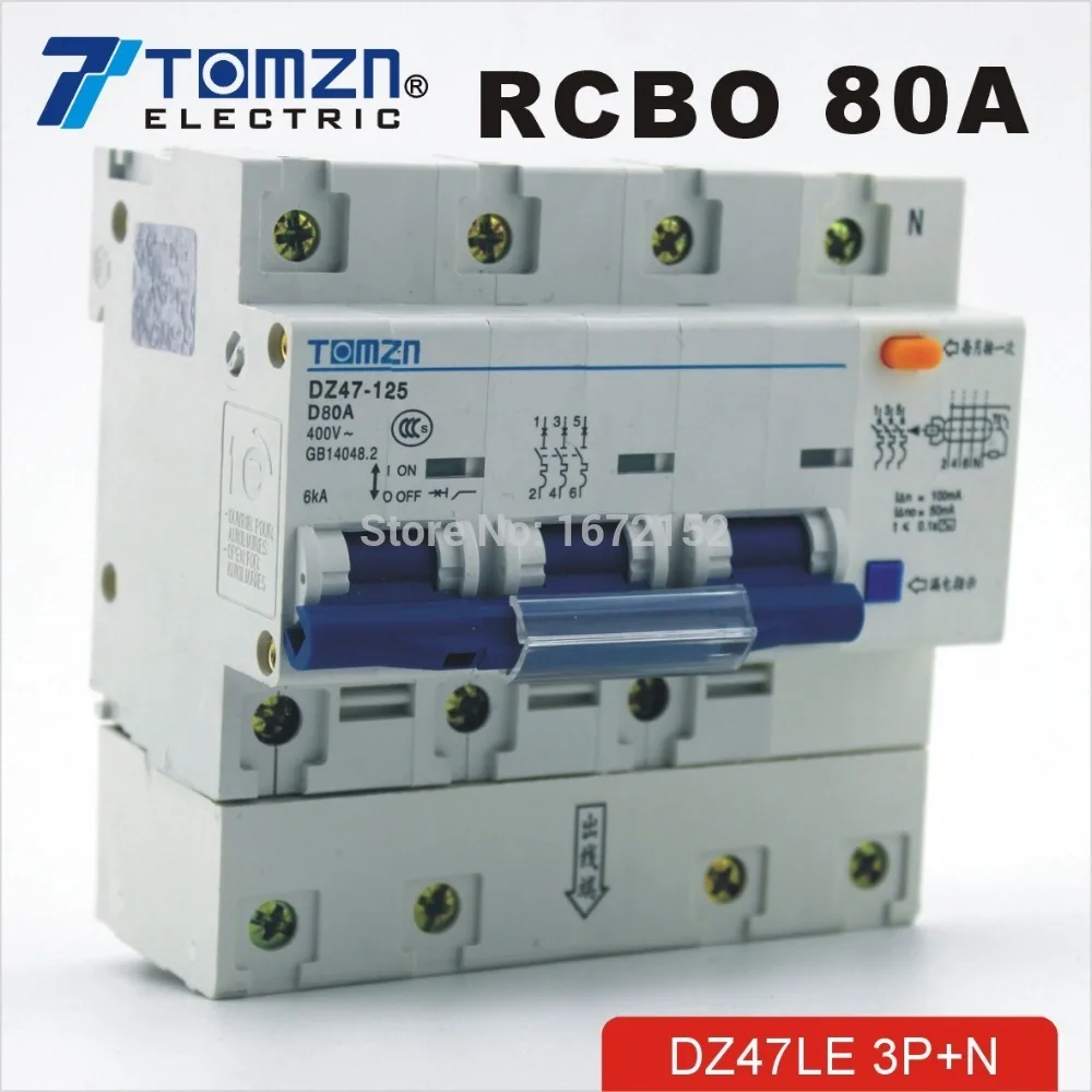

DZ47LE 3P+N 80A D type 400V~ 50HZ/60HZ Residual current Circuit breaker with over current and Leakage protection RCBO