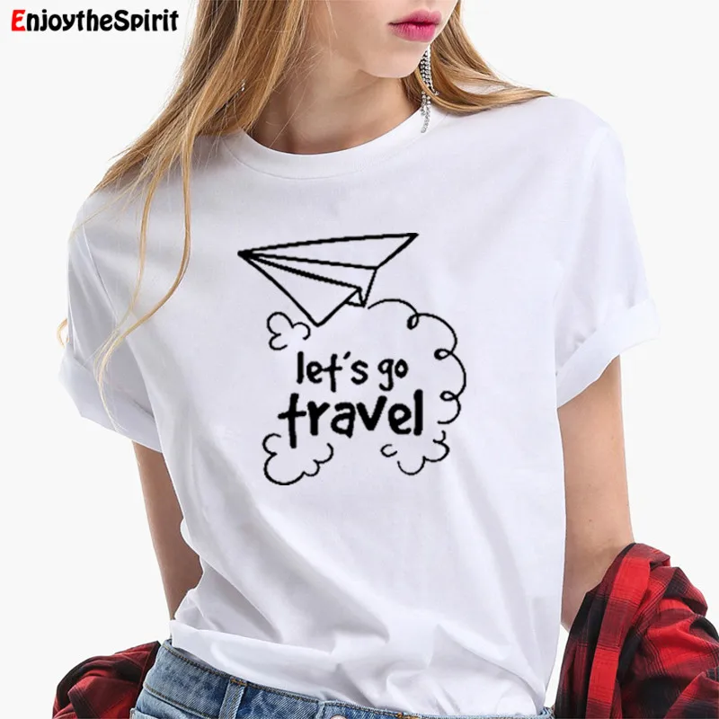 

EnjoytheSpirit Let's Go Travel Printed Women T Shirt White Loose Summer Tops Streetwear Casual T-shirt Women Plus Size Clothes