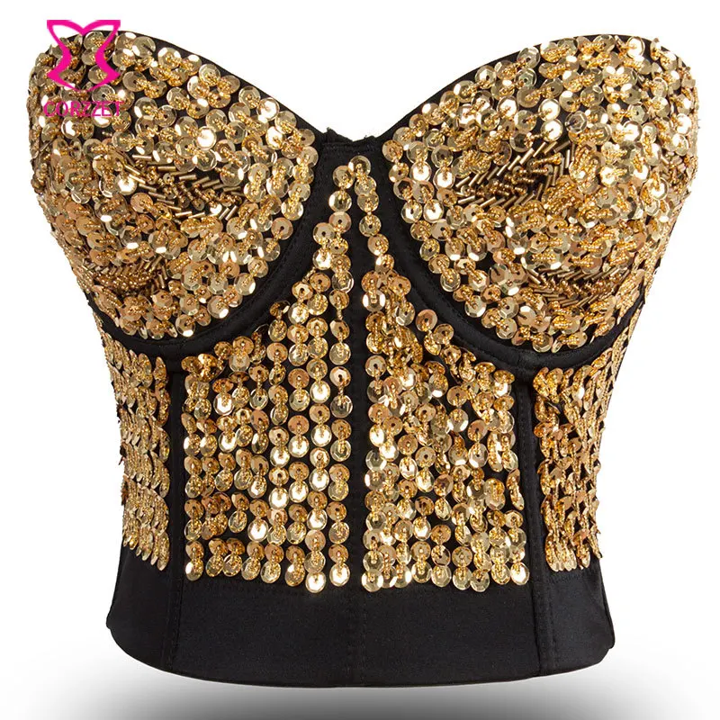 

Party Nightclub Dancing Wear Gold Sequined Strapless Push Up Bra Bustier Crop Top Erotic Underwear Lingerie Sexy Bras For Women