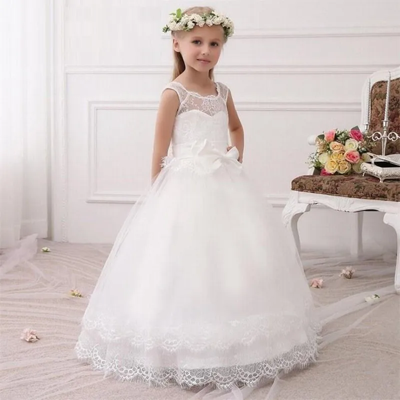 Простой дизайн белое платье с цветочным узором для девочек особых случаев бантом