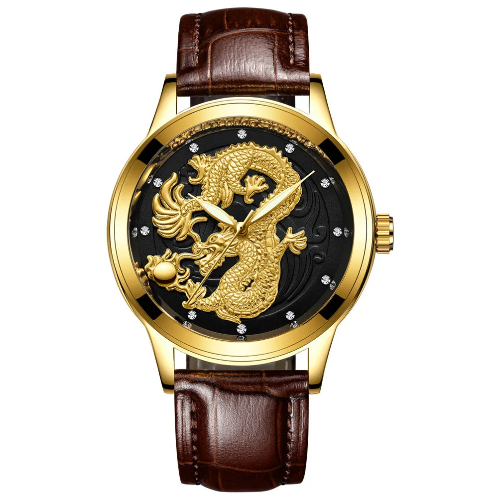 FNGEEN New watch male quartz watch dragon pattern luminous gold color quartz ultra-thin steel belt 