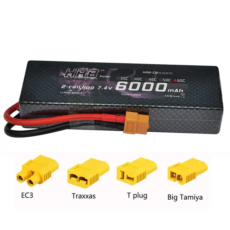 

HRB RC Lipo Battery 2S 7.4V 6000mAh 60C 120C Hard Case for 1/10 Scale Traxxas Car Deans XT60 EC3 Tamiya Traxxas Connector