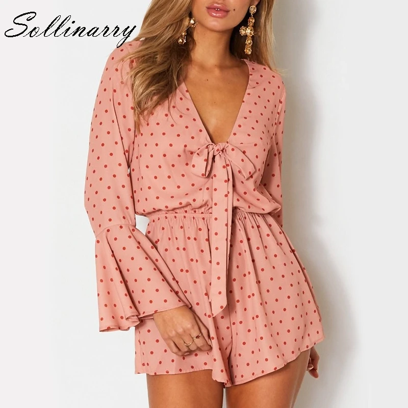 

Sollinarry Polka Dot Flare Sleeve V Neck Women Playsuit Sexy Lace up Ruffle Girl Jumpsuits Short Casual Elastic Waist Rompers