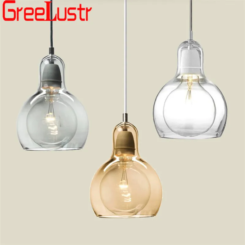  Nordic Glass Shade Amber Gray Pendant Lamps Edison bulb Chandelier Hanging Light bedroom For Kitche - 32916206758