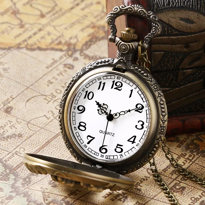 Classic Vintage Bronze Dog Wolf Hollow Quartz Fob Pocket Watch with Necklace Chain Pendant Clock Gift for Women Men