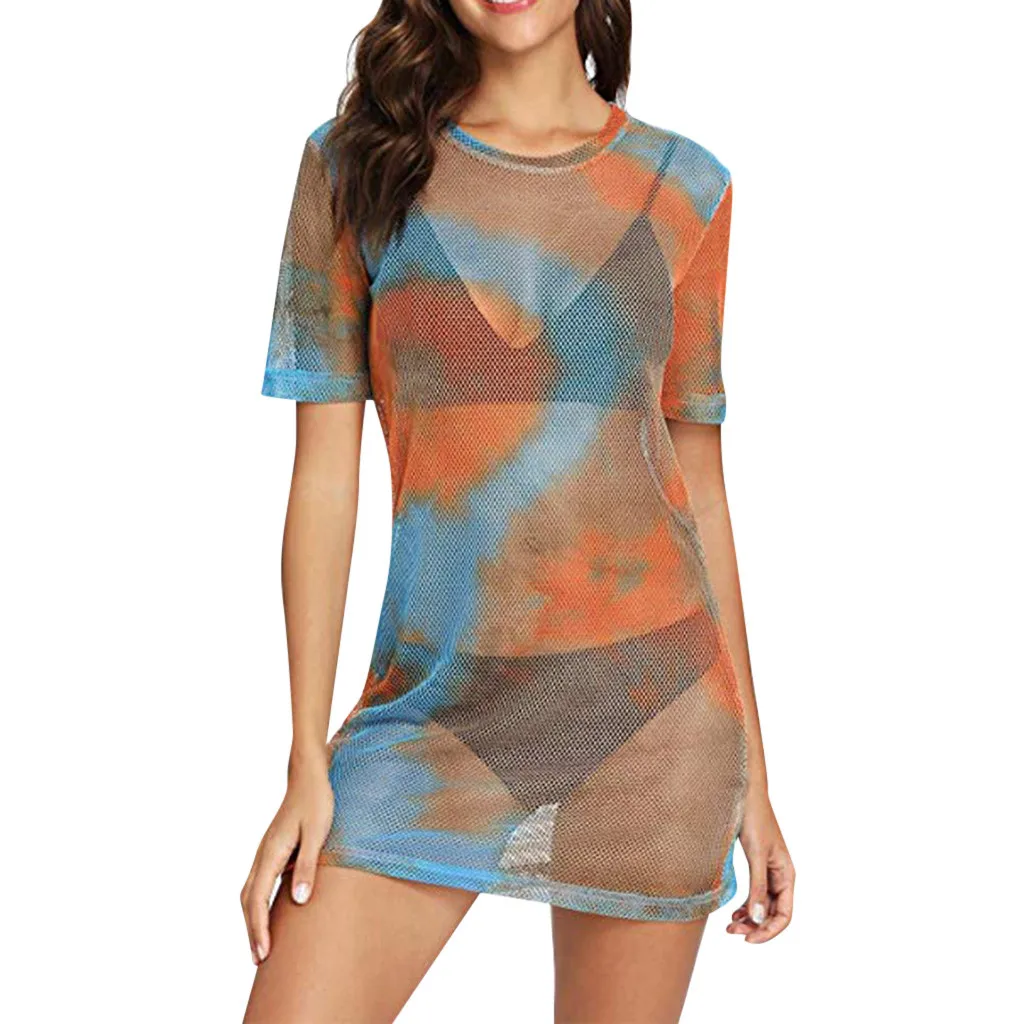 

JAYCOSIN 2019 New Summer Women Dress Pareo Loose Beach Cover Ups Bohemian Short Sleeve See Through Sheer Mesh T-Shirt 902281