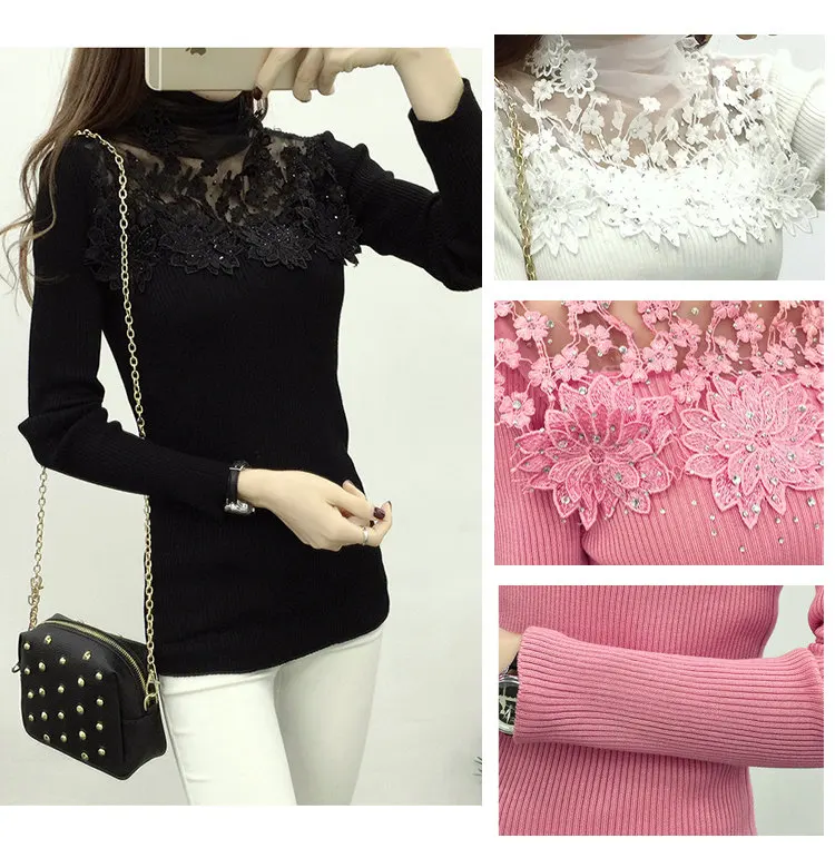 Autumn Winter Sweater Women 2019 Flower Lace Jumper Pull Femm Pink Knitted Sweater Casual Turtleneck Long Sleeve Sueter Mujer (2)