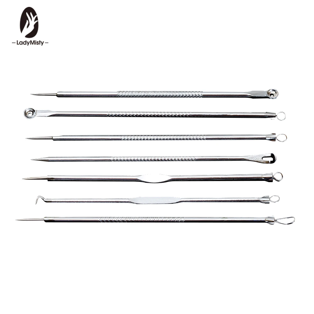 

LadyMisty 7pcs/set Silver Stainless Steel Blackhead Remover Women Beauty Facial Comedone Acne Needle Clip Extractor tools Set