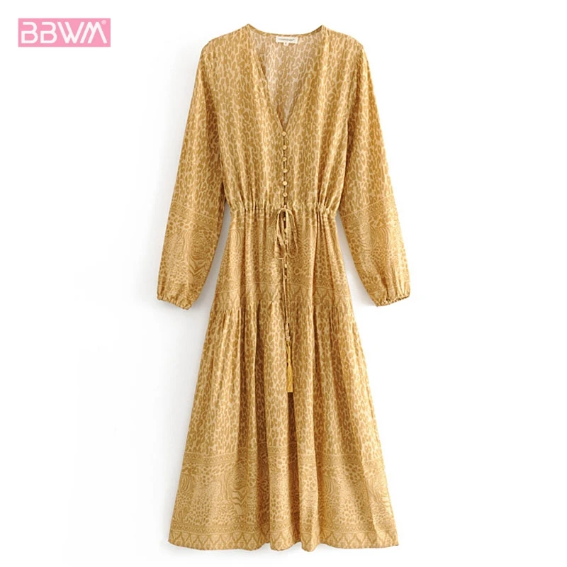 

Lady chiffon floral large size straps slim V-neck exquisite holiday women's dress Belt waist long sleeve female dress yellow