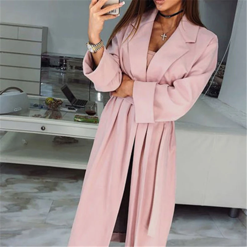 2018 Loose Casual Winter Coat Women Wide Lapel Belt Pocket Wool Blend Coat Oversize X Long Trench Coat Outwear Coat Women