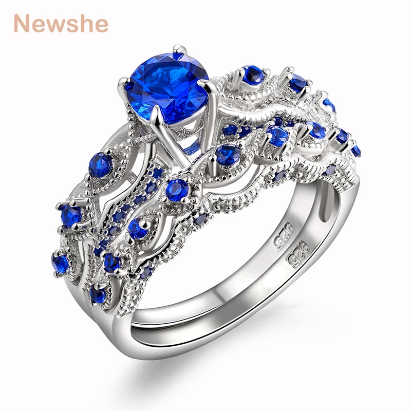 Newshe 1,3 Ct Твердые 925 пробы серебряные обручальные кольца наборы обручальное кольцо синий CZ вечность ювелирные изделия для женщин