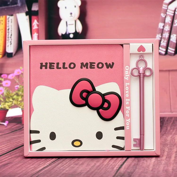 

Creative Cute Pink Hello Kitty Cartoon Cat Hardcover Notebook Diary Book Blank Paper PU Cover Book with Pen School Supplies Gift