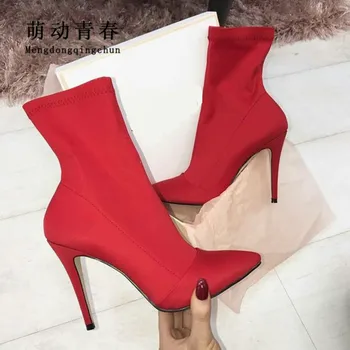 

Women High Heels Boots Fashion Europe Brand Stretch Fabric Pointed Toe Ankle Boots Women Sexy Red Black Thin Heels Party Boots