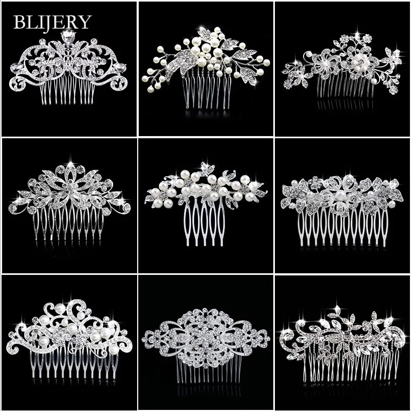 Bridal Hair Combs Silver Color Pearl Rhinestone Flower For Women Crystal Hair Ornaments Jewelry Wedding Accessories