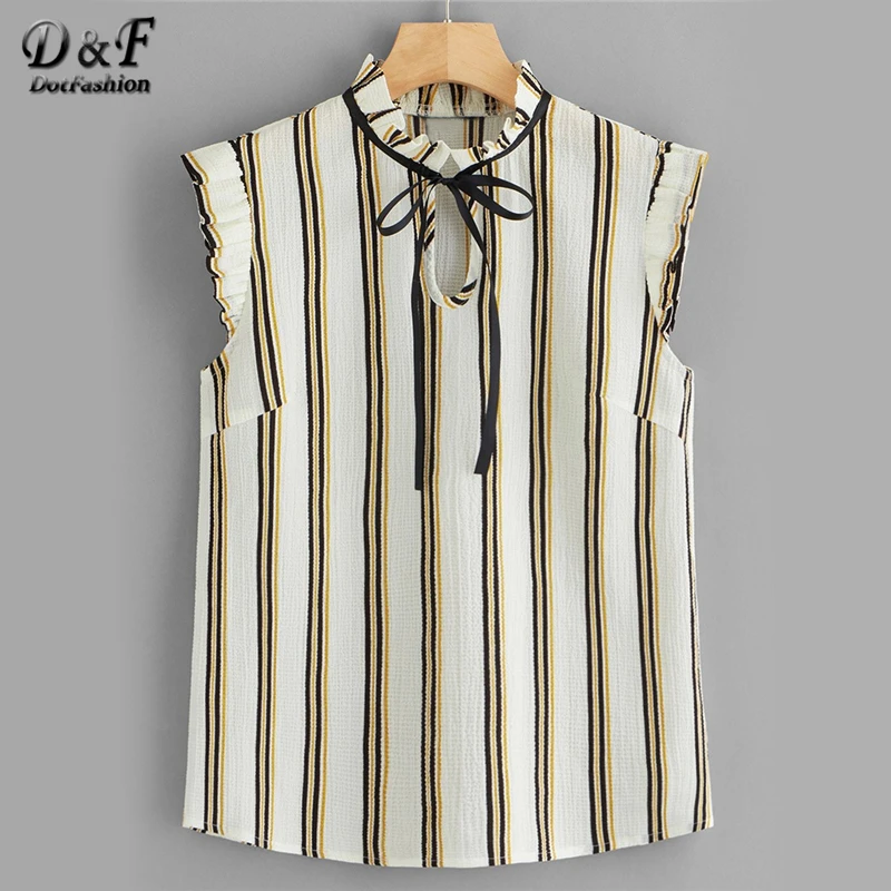 

Dotfashion White Tie Neck Frill Trim Striped Womens Tops And Blouses Summer 2019 Casual Clothes Sleeveless Stand Collar Cute Top