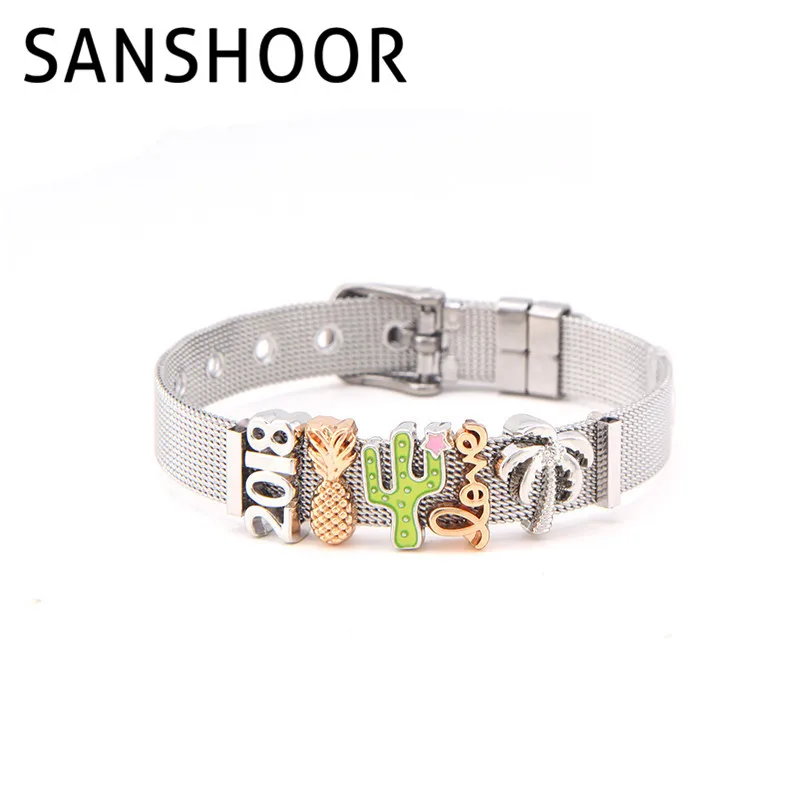 

SANSHOOR 2018 Summer Holiday story Bracelet Set with Rubber Preventer Coconut Tree Pineapple Mesh Bracelet & Bangle as Gift