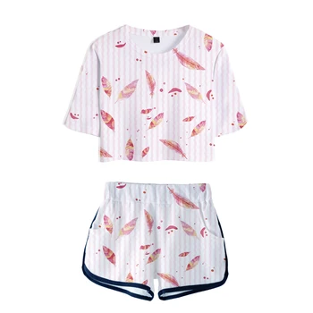 

Leaf Nature Printed Women two piece set New game Oversize Navel short sleeve and Kpop Leaf Nature Short Pants O-neck Summer Set