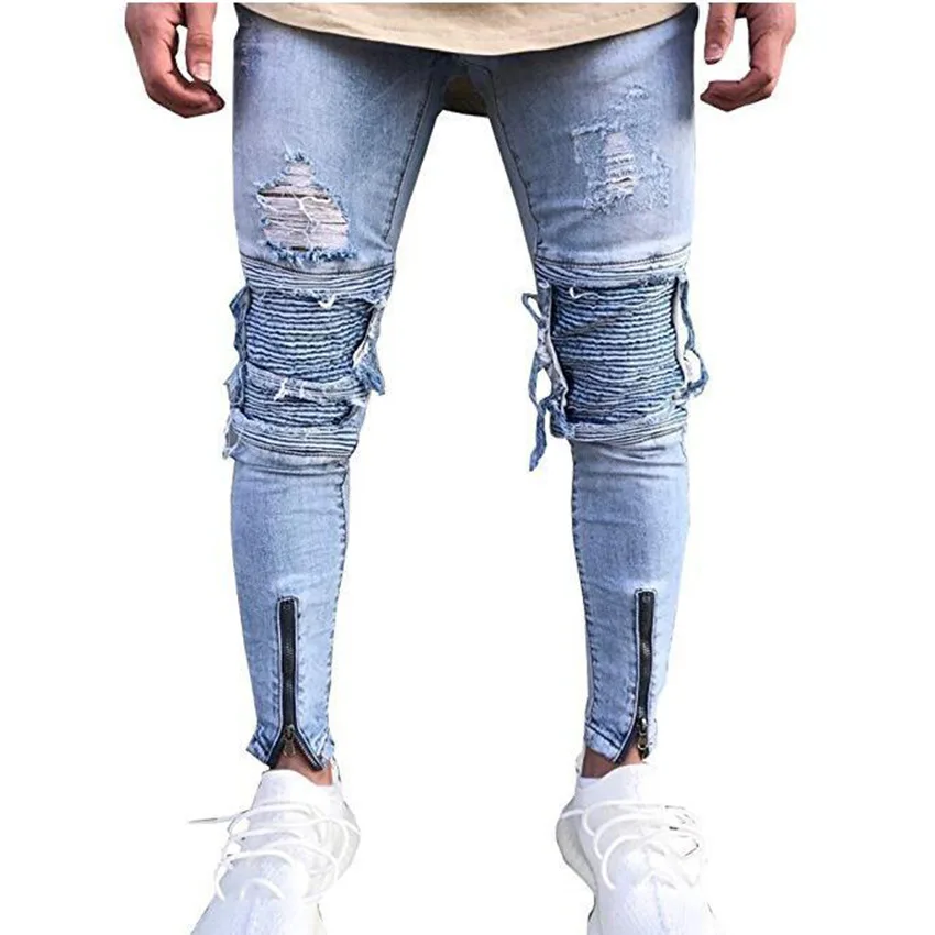 Streetwear Blue Skinny Jeans For Men Hip Hop Stretch HOLE Jeans Fashion