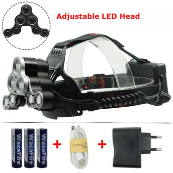 

New 2018 Adjustable 8000 Lumens 7 Led Headlamp 3*XML T6+4* Q5 Led Headlight USB Rechargeable Frontal Flashlight 18650 Head Torch