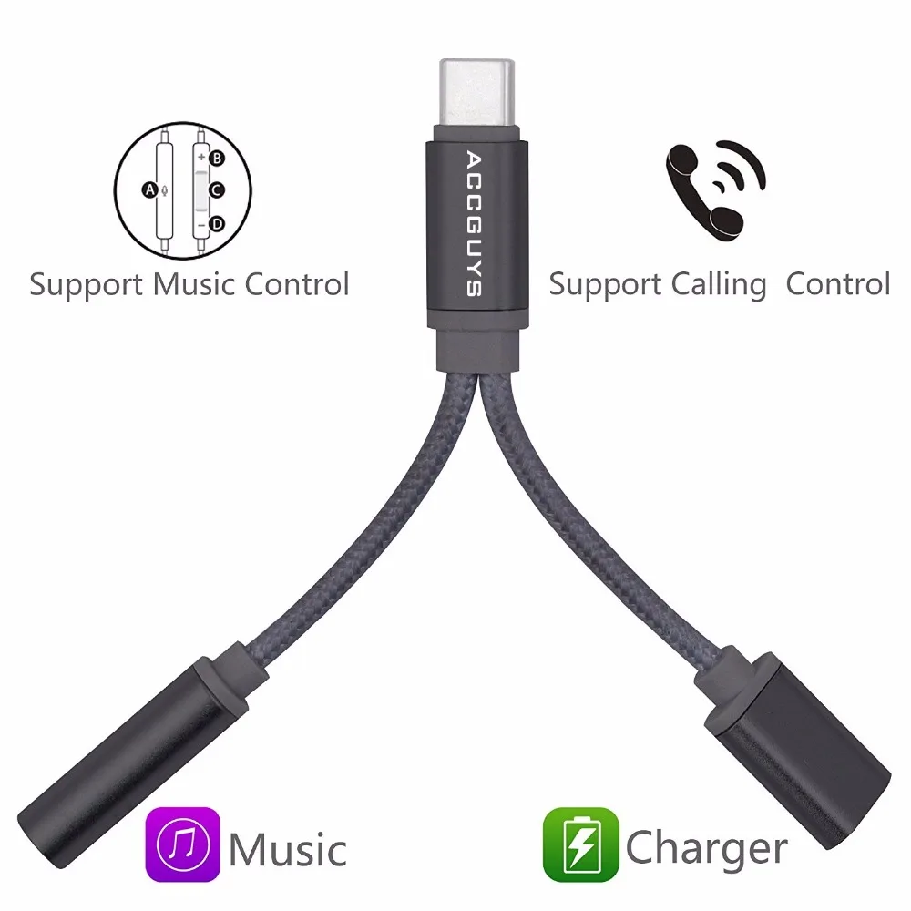 

ACCGUYS 2 in 1 USB-C Cable USB Type C to 3.5mm Headphone Jack Audio Charging Adapter for Xiaomi Mi6 Moto Huawei Mate 10 Pro P20