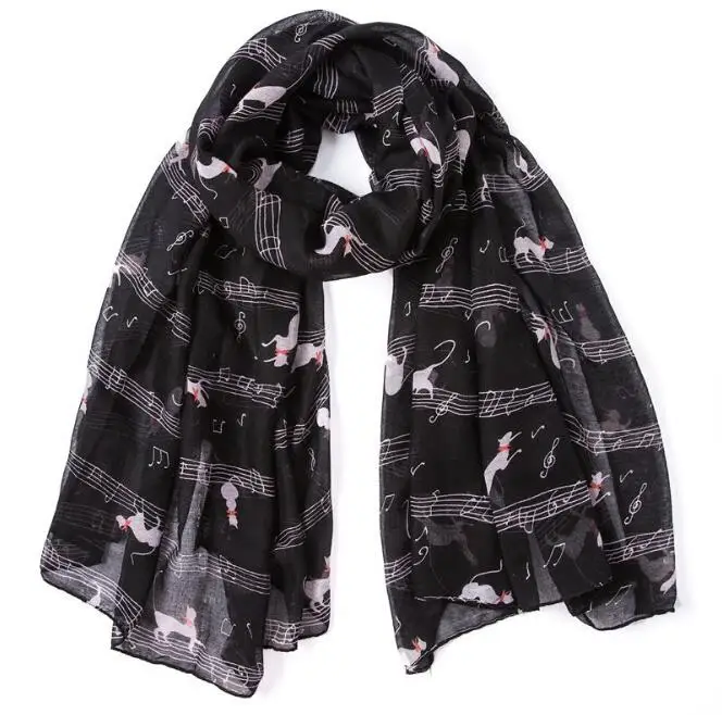 

10pcs Fashion Women Musical Cat Scarf Printed Thin Silk Neck Wraps Scarf High Quality Black Pink
