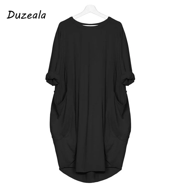 Горячая Распродажа осенне-зимнее женское модное свободное платье с карманами, женское однотонное повседневное длинное платье с вырезом лодочкой размера плюс Vestido - Цвет: Black