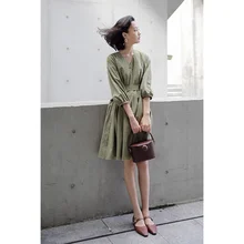Линетт's chinoiseroy весна осень дизайн женские свободные v-образный вырез удобные оливково-зеленые платья с поясом