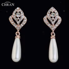 

CHRAN Fashion Gold Color Shining Crystal Teardrop Design Simulated Pearl Dangle Earrings for Women