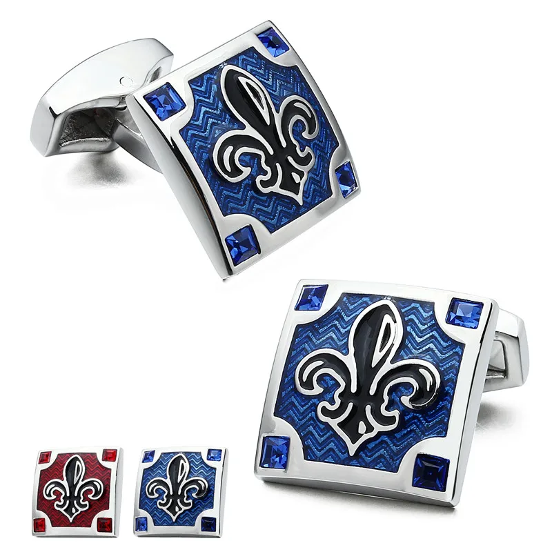 

HAWSON Jewelry Chrome Pattern Cuff links High Quality Square Cufflinks Blue and Red Enamel Options