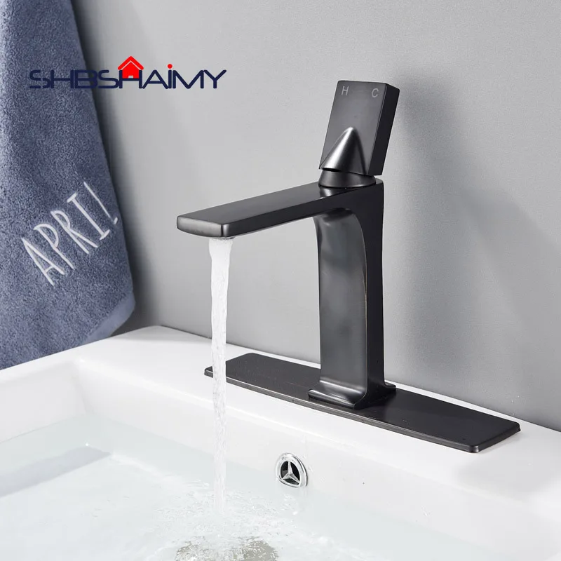 

Deck Mounted Stylish Black Bathroom Basin sink Faucet Cold and Hot Water Mixer Single Handle Bathroom Tap(with cover plate)