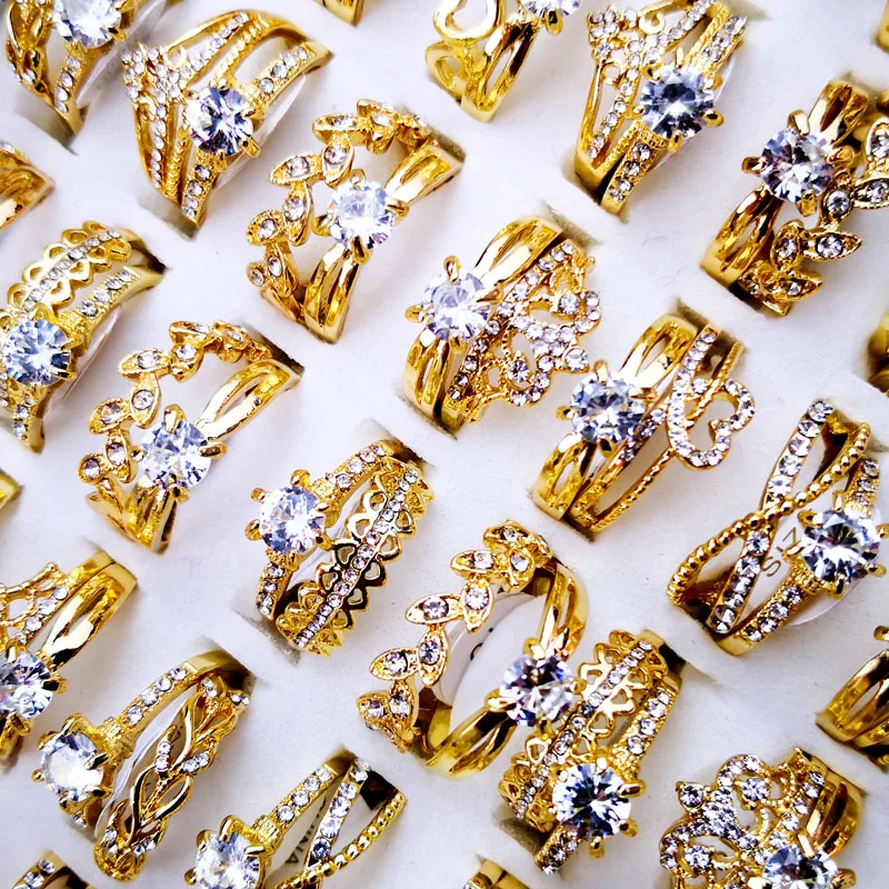 

50Pcs Women's Rings New Design Mixed Styles Gold and SilverZircon Wholesale Rings Lots Female Jewelry Bulks Lot LR4161