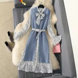 Женский комплект из двух предметов, Осень-зима 2018, платье с длинным рукавом в горошек и длинным бантом + длинный жилет, свитер, жилет, женские