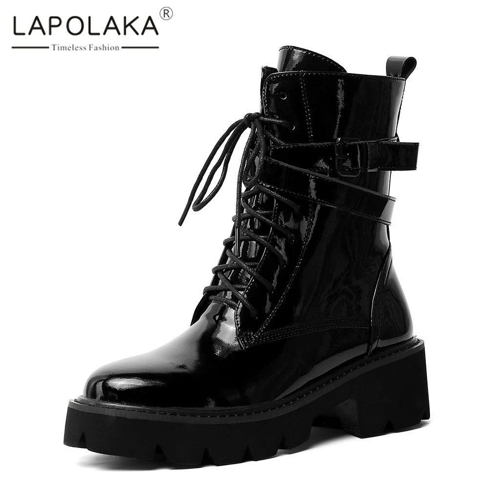 

Lapolaka Brand New Big Size 33-43 Patent Genuine Leather Chunky Heels Shoes Woman Casual Party Ol Autumn Winter Ankle Boots