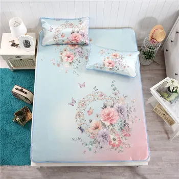 

SongKAum New Flower Pink Cartoon 3pcs Tencel Bed Sheet Ice Silk Mat Mattress Covers Full Queen Size Summer Cool Bedding Set