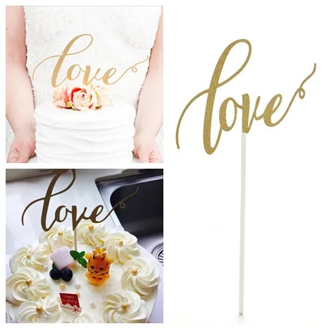 New Sparkle Glitter Gold LOVE Cake Topper Fashion Love Cupcake Decorating Topper For Wedding Engagement Party Cake Decor