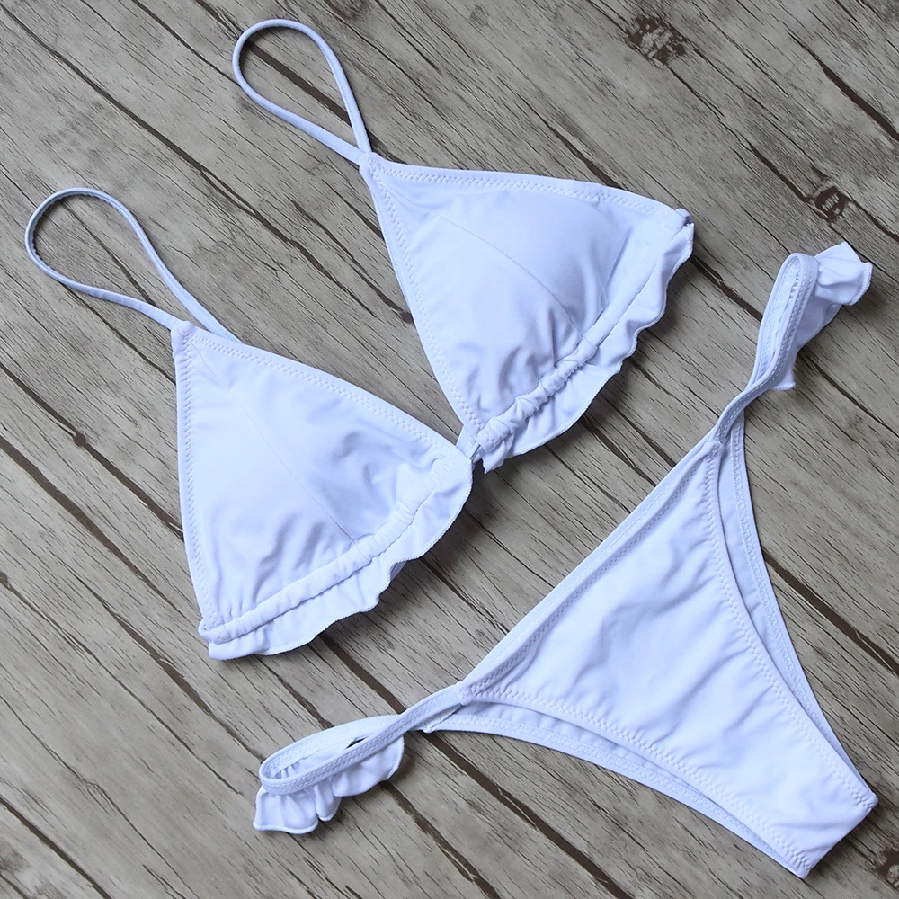 

Push Up Swimsuits Women Solid Bikini Halter Bandage Swimwear Thong Bikini Set Ruffle Bathing Suit With Pad Female Swimming Suit