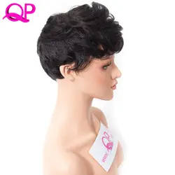 Qp волос 6 дюймов короткие естественная волна темно-черный синтетический парик с челкой для Для женщин парики Kanekalon волос