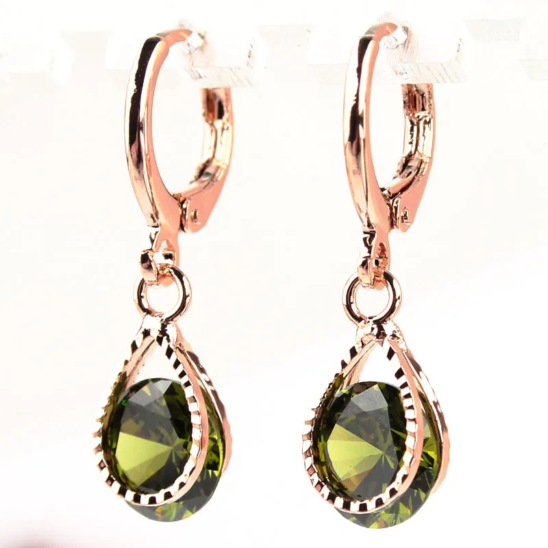 

Hot Sale Fashion Women Jewellery Rose Gold-color Green CZ Stone Pierced Dangle Earrings Jewelry Gift Free shipping