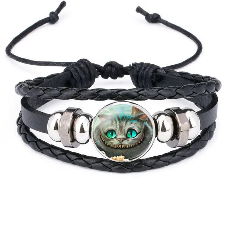 Harajuku Style Cat Jewelry with Glass Cabochon Cheshire Cat Pattern Bracelet Genuine Leather Multilayer Beaded Bracelet Bangle