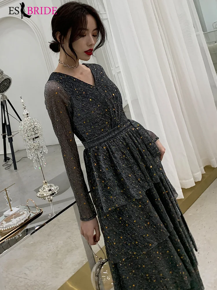 Deep Grey Evening Dresses Long Sleeve Elegant Evening Dress Arabic Special Occasion Dress Party Student Formal Dresses ES2562 Deep Grey Evening Dresses Long Sleeve Elegant Evening Dress Arabic Special Occasion Dress Party Student Formal Dresses ES2562