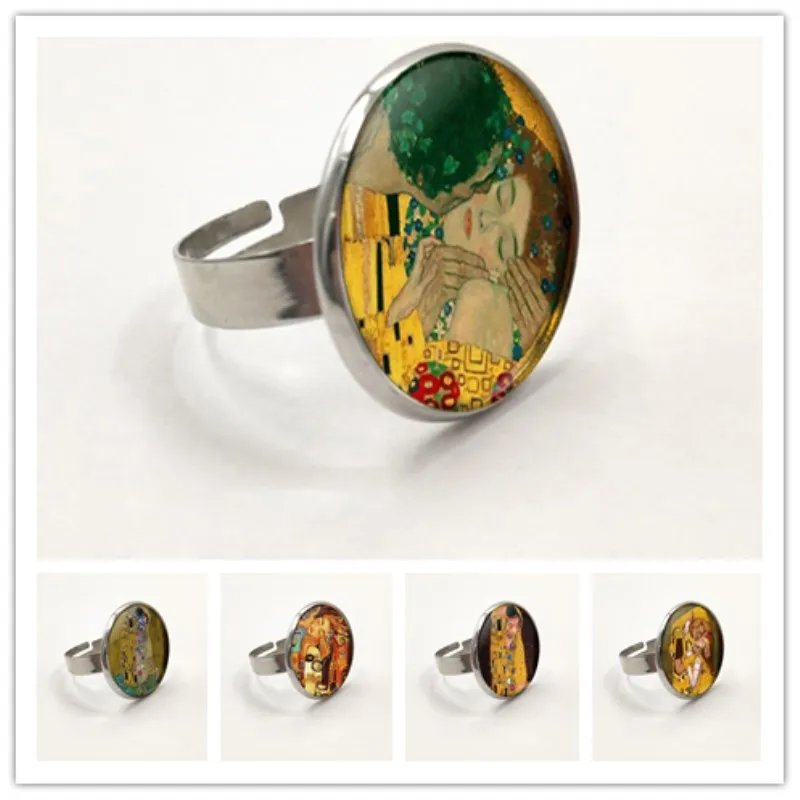 

Fashion The Kiss Klimt Cameo Glass Art Picture Ring Photo Handcrafted Jewelry Adjustable Size Rings Gifts For Girls