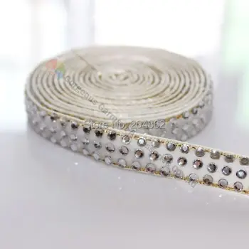

10yards 3 rows White Velvet Clear Crystal Diamante Tape Rhinestone Ribbon Gold Edge For DIY Browbands Garment Hair Decoration