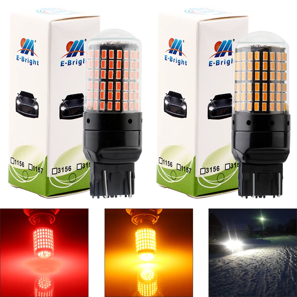 

YM E-Bright 2 PCS 7443 T20 W21/5W Nonpolarity LED Canbus 3014 144 SMD NO ERROR Car Lights 12V DC NO Hyper Flash Amber White Red