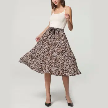 

Slim Fit Casual Skirt Fashion Women Pleated Skirt Summer Leopard Print Long Skirts