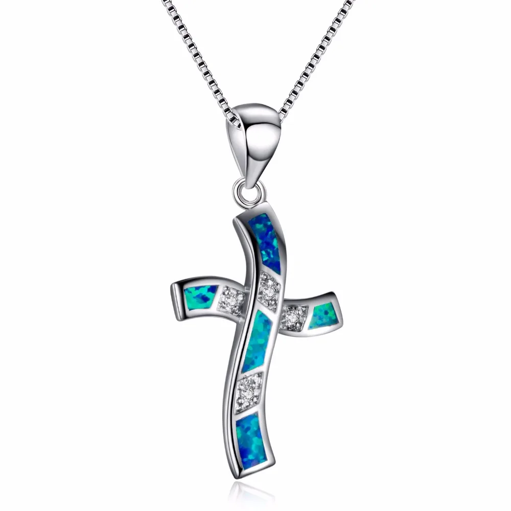 Wholesale 16*25MM Blue/White Fire Opal Cross Pendant Necklaces For Women 925 Sterling Silver 