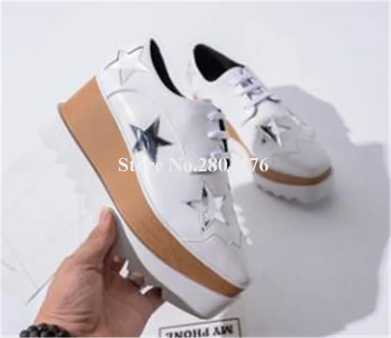 Rousmery Brand Design Women Fashion Sqaure Toe Lace-up High Platform Pentagram Wedge Shoes Gold Stars Printed Casual Shoes