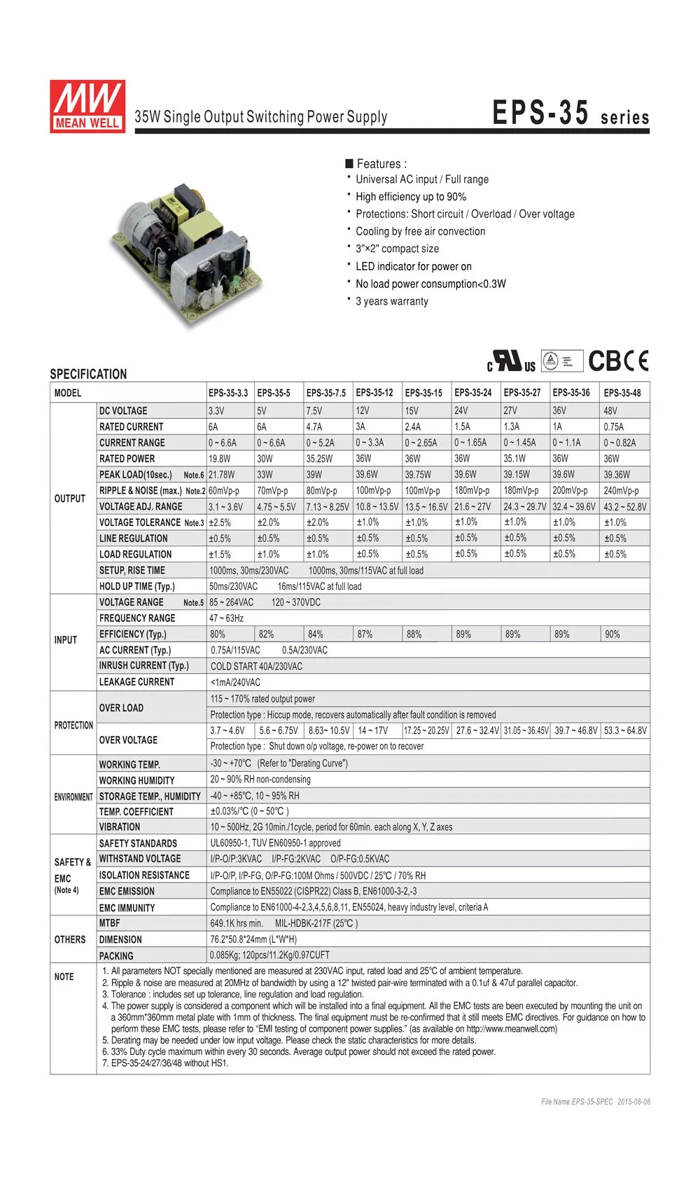 Meanwell EPS-35 блок питания с одним выходом с открытой рамкой ac dc источник питания 35 Вт 3,3 В 5 в 7,5 в 12 В 15 в 24 в 27 в 36 в 48 в 6A 1A 3A Мини Размер