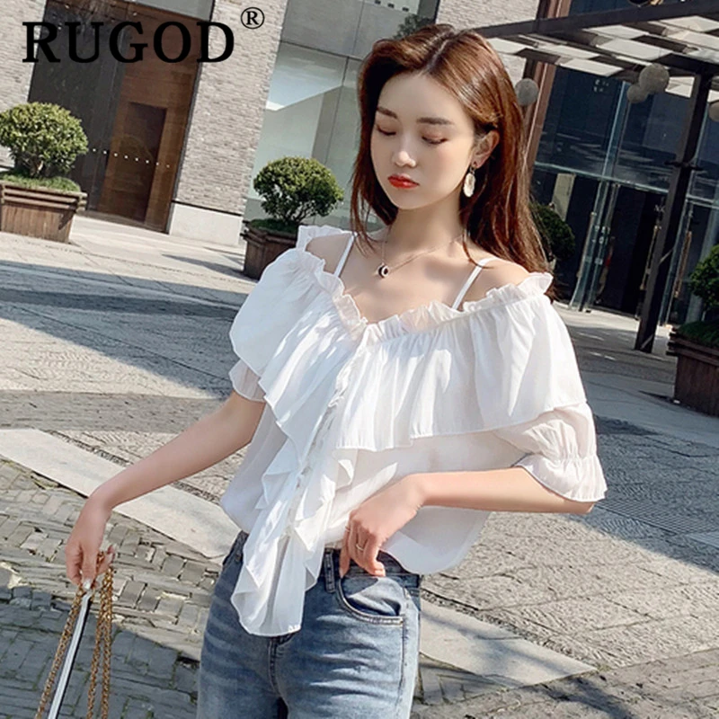 RUGOD элегантная женская блузка с открытыми плечами гофрированные ремешки